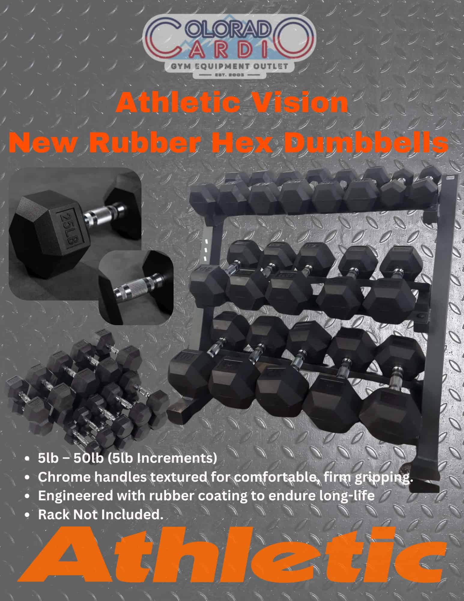5. Durable rubber hex dumbbells for athletic training, strength building, and fitness routines available at Colorado Cardio gym equipment outlet in Colorado.