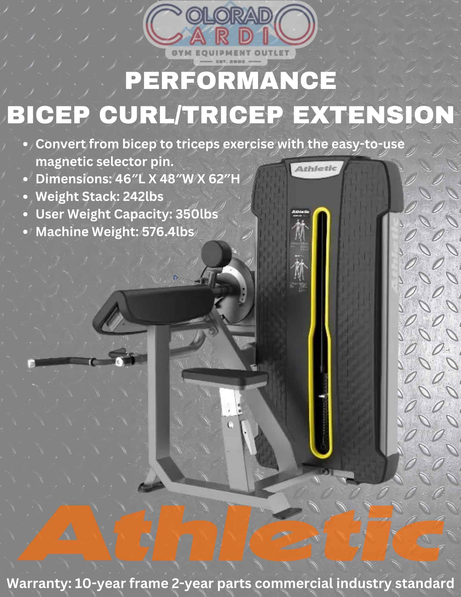 Bicep curl and tricep extension machine for arm strength, part of Colorado Cardio gym equipment outlet in Denver, Colorado.