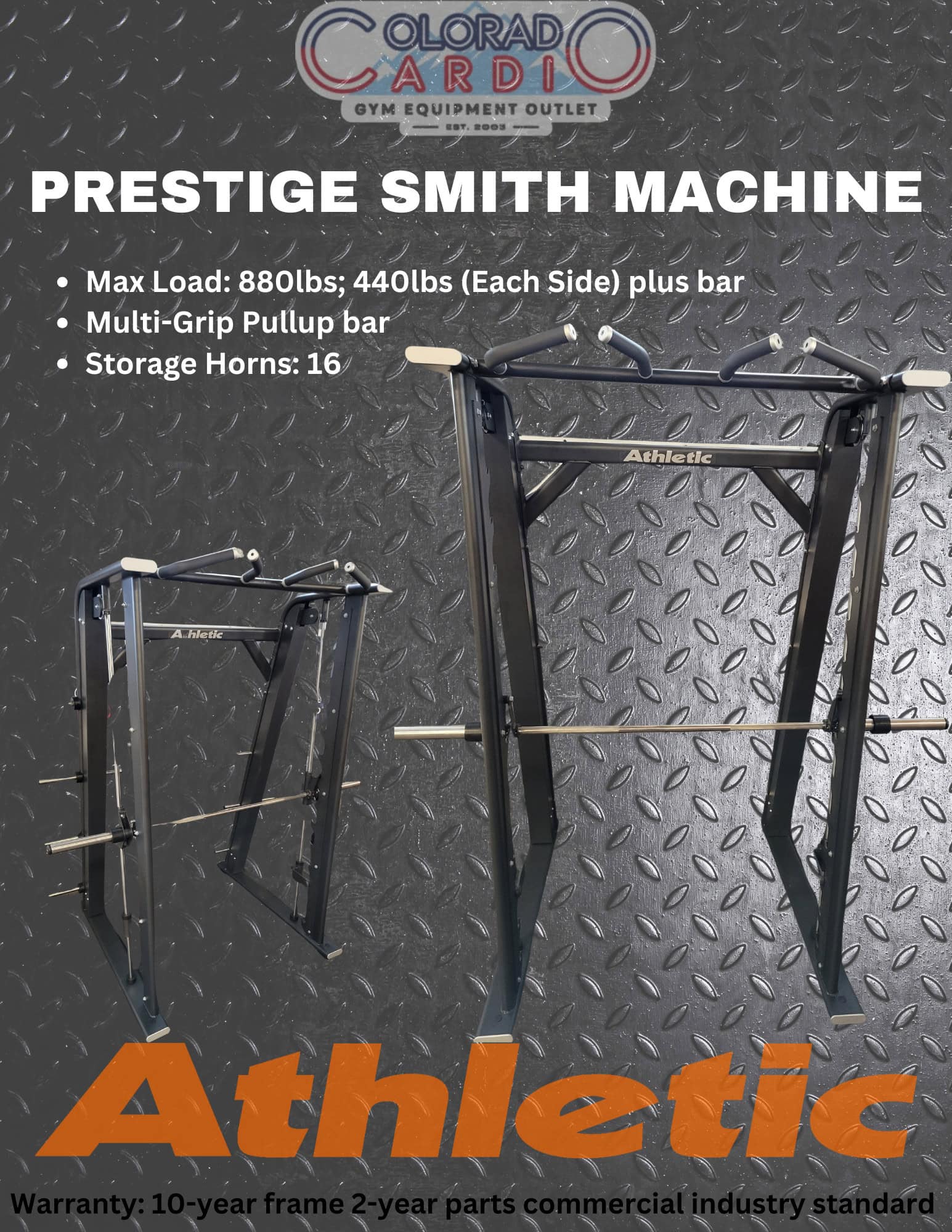 Max Load capacity of Prestige Smith Machine, featuring multi-grip pullup bar, gym equipment outlet in Colorado, and strength training options for gyms and fitness centers.