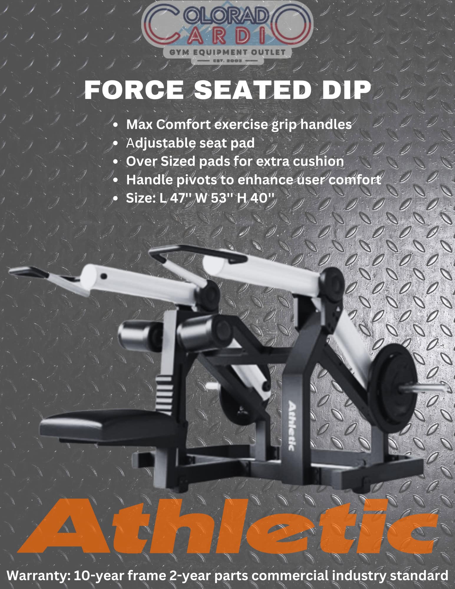 Force seated dip exercise equipment for strength training at Colorado Cardio gym outlet in Colorado Springs.