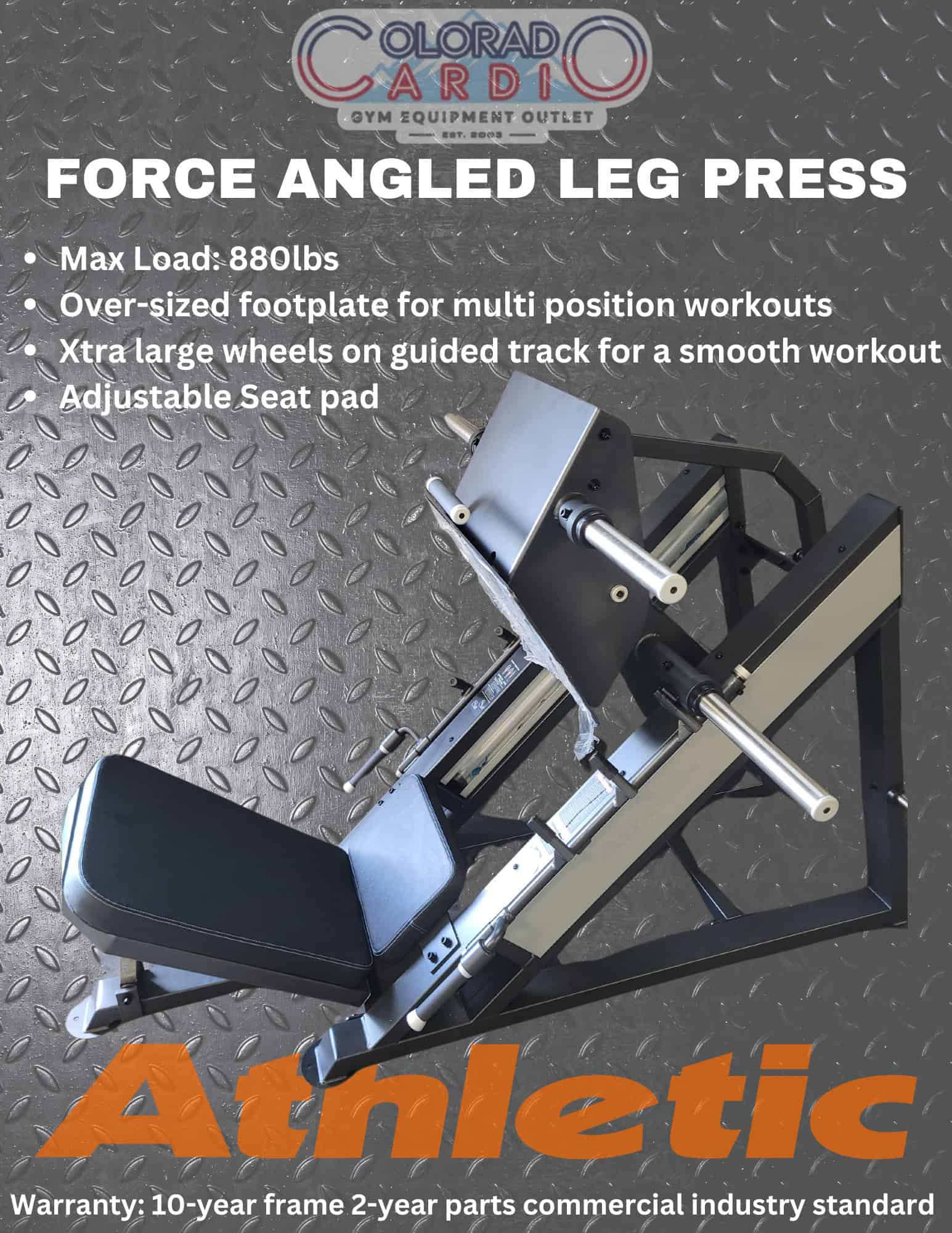 Force angled leg press machine for strength training and cardiovascular health at Colorado Cardio. Perfect for customized workouts with adjustable seat pads and oversized footplates.
