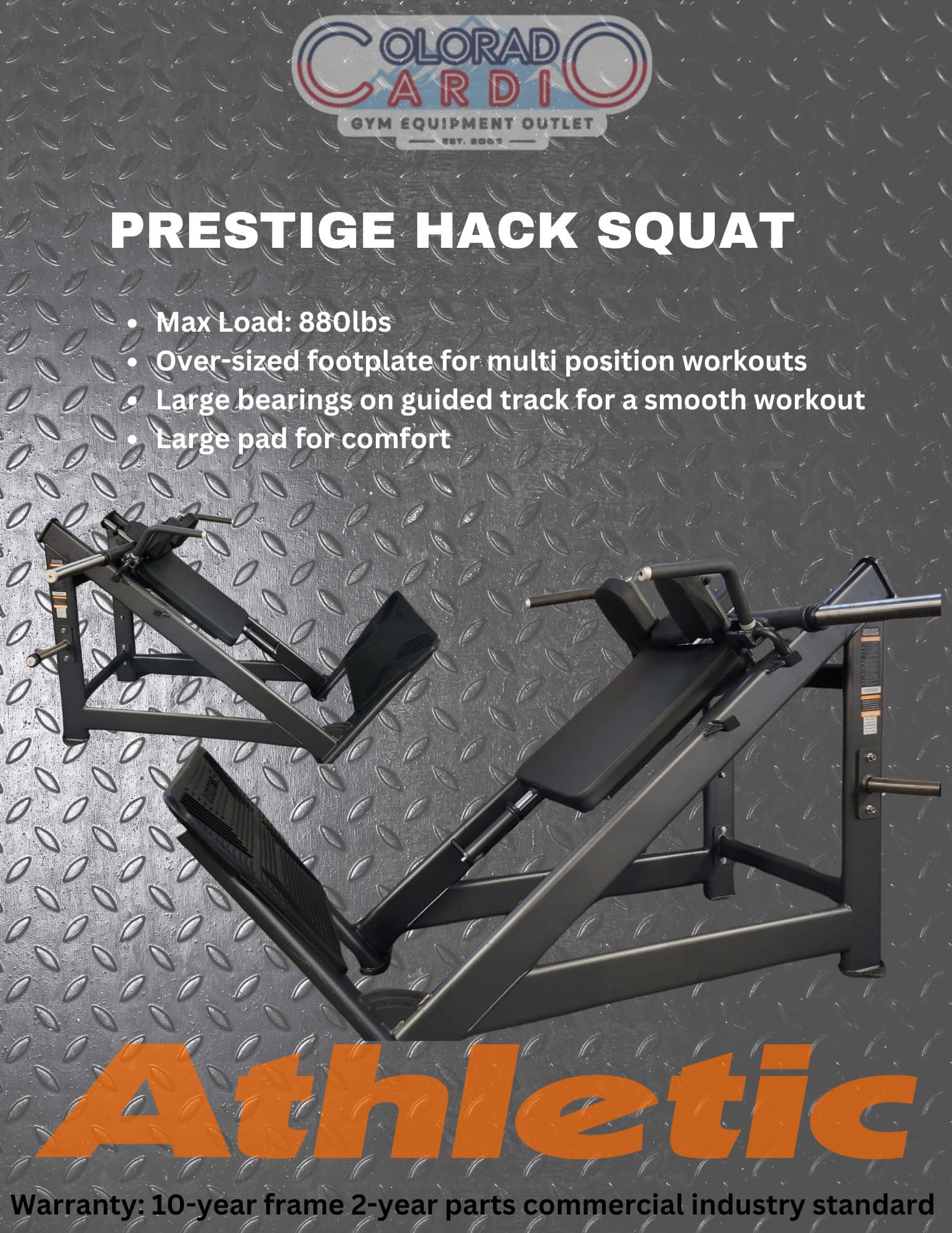 Precision Hack Squat Machine for strength training and lower body workout at Colorado Cardio gym, featuring durable construction, large cushioning pads, and heavy-duty bearings for optimal performance.