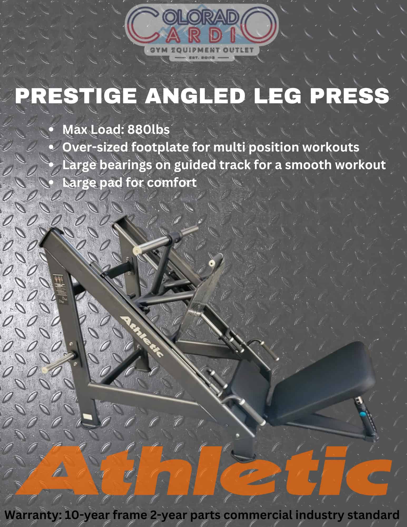 Prestige angled leg press machine for strength training and muscle building at Colorado Cardio, a trusted fitness equipment provider in Colorado.