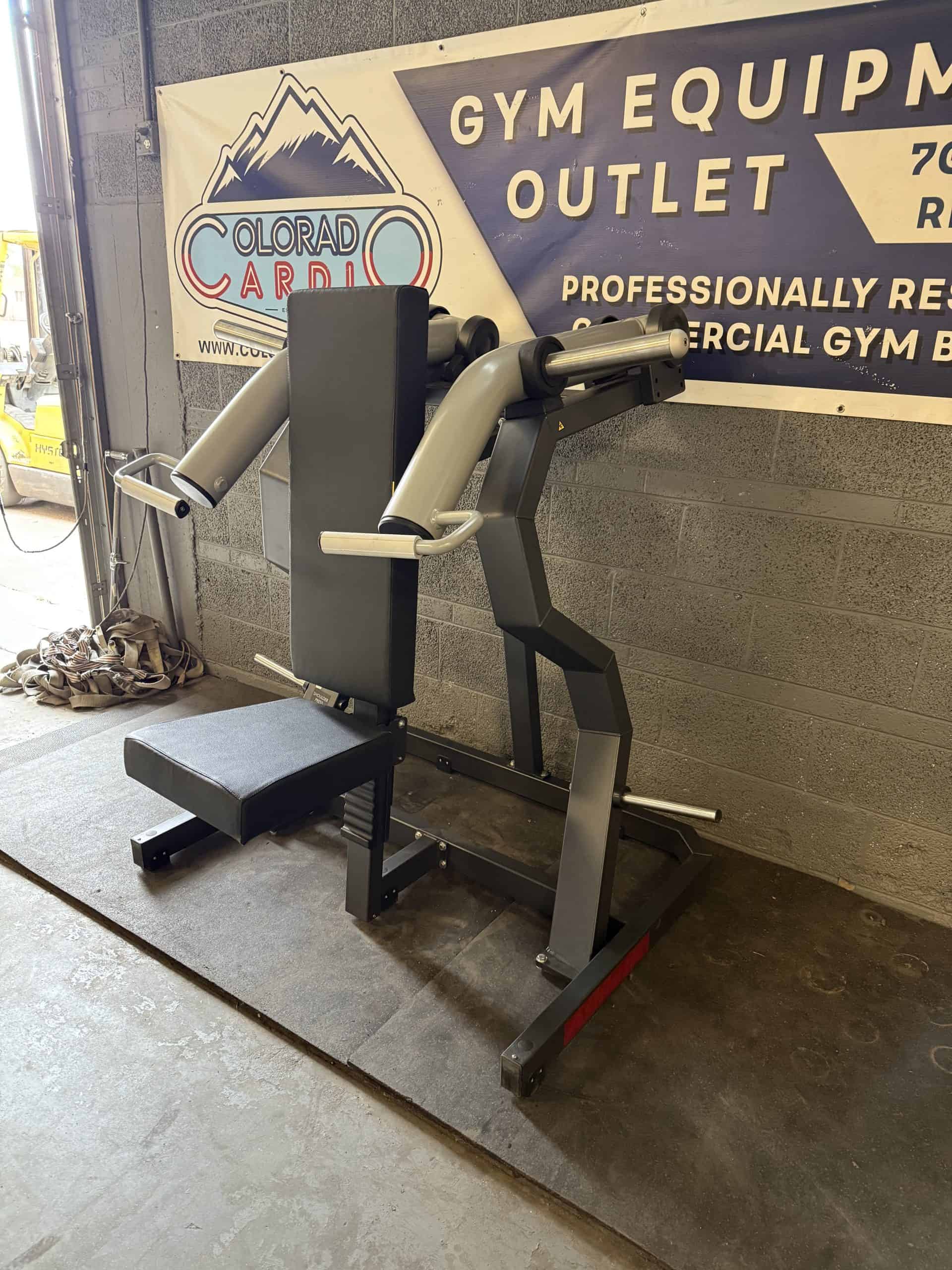 Seated chest press machine at Colorado Cardio gym, designed for cardiovascular health and strength training, located at a professional sports and fitness facility in Colorado.