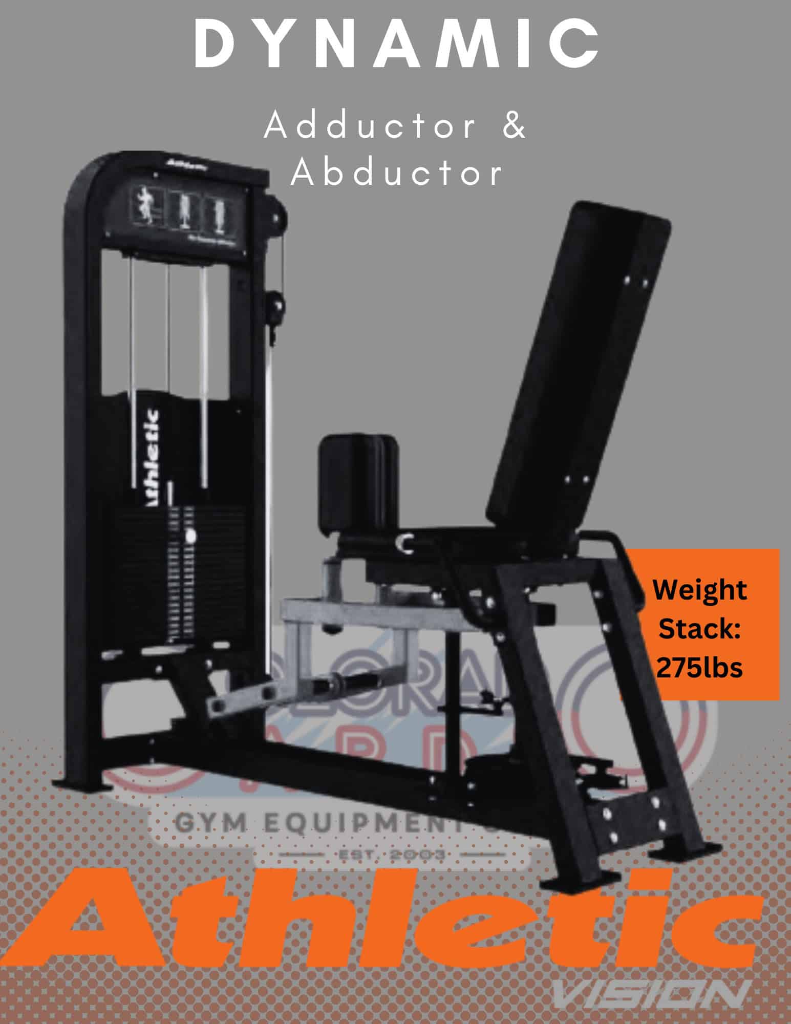 High-tech dynamic adductor and abductor gym equipment with adjustable weight stack up to 275 lbs for effective lower body training.