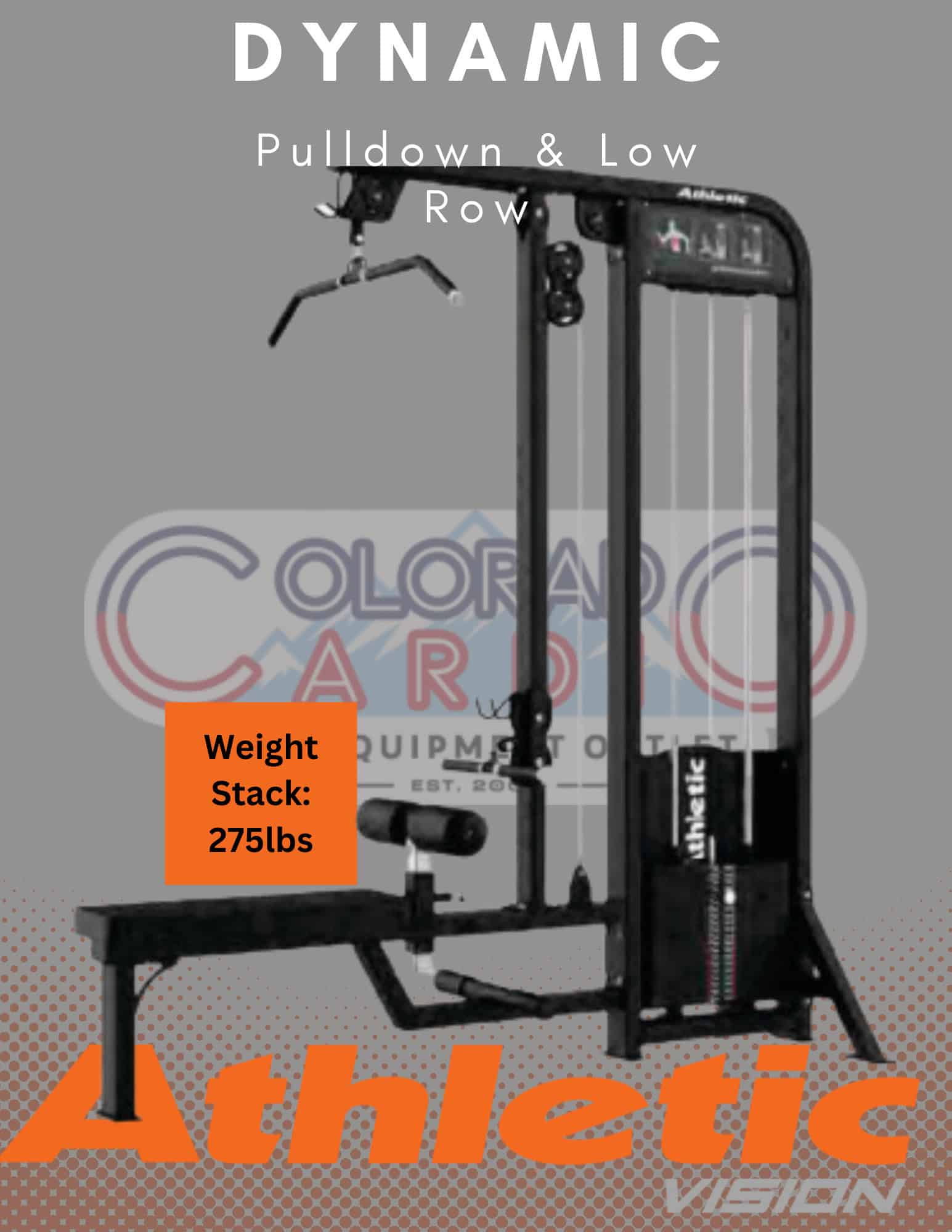 Pull-down and low row exercise machine designed for strength training, featuring a weight stack of 275 lbs, ideal for fitness and rehabilitation at Colorado Cardio.