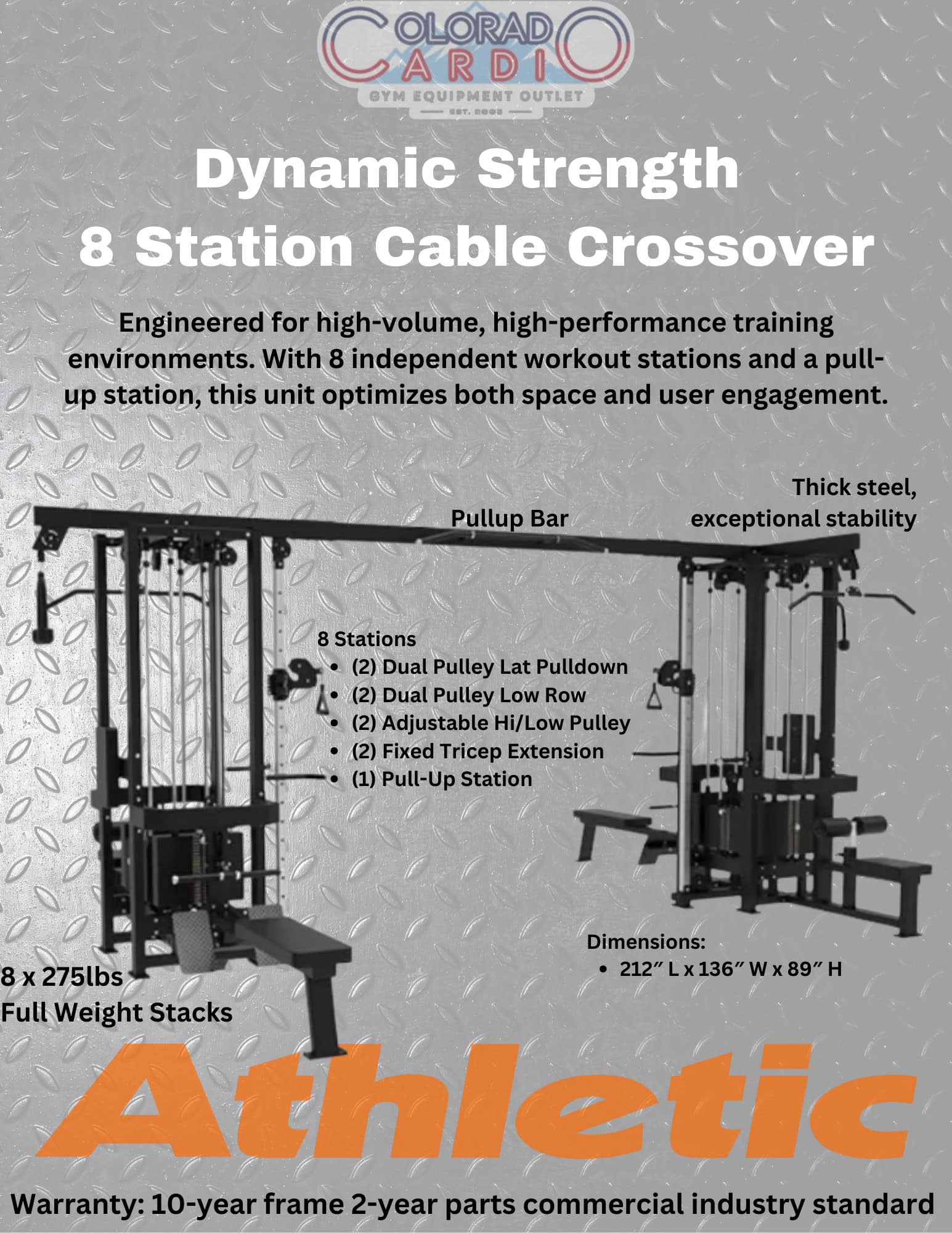 8 Station Cable Crossover for high-performance strength training, featuring multiple pulleys and sturdy steel construction at Colorado Cardio gym equipment outlet.