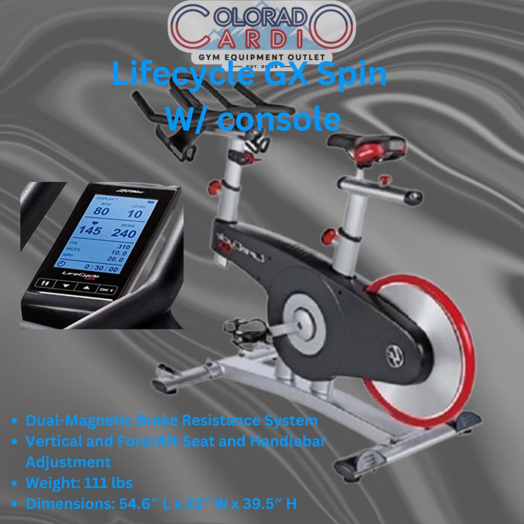 Cycling bike with console and resistance system at Colorado Cardio gym equipment outlet, ideal for cardiovascular health and fitness training.