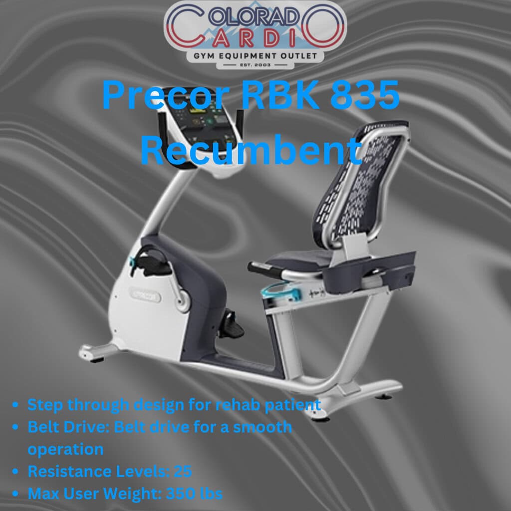 Precor RBK 835 recumbent exercise bike for cardiac rehab and cardiovascular fitness training.