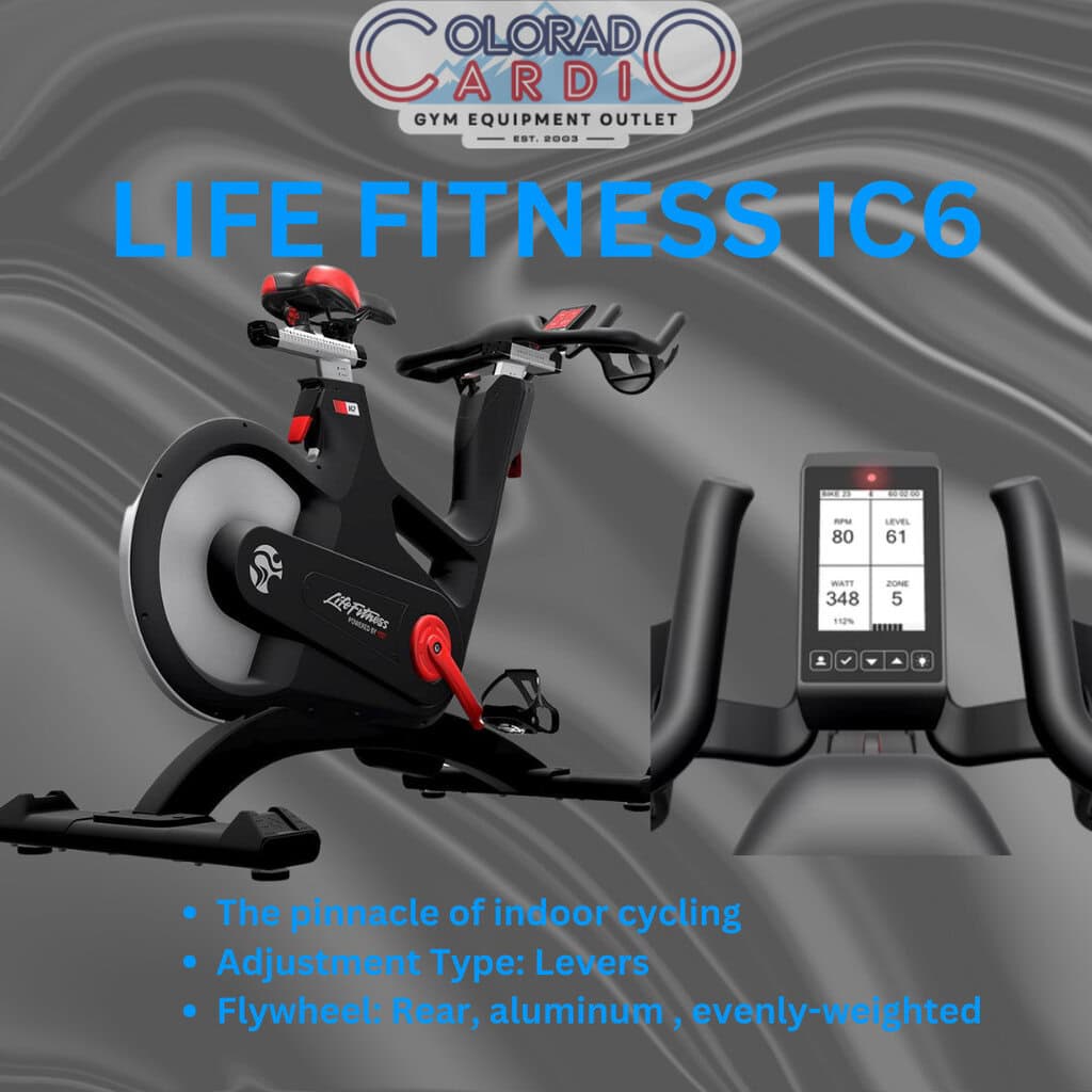 Indoor cycling bike Life Fitness IC6 with adjustable levers and aluminum flywheel for cardiovascular fitness. Ideal for indoor cardio workouts at Colorado Cardio equipment outlet.