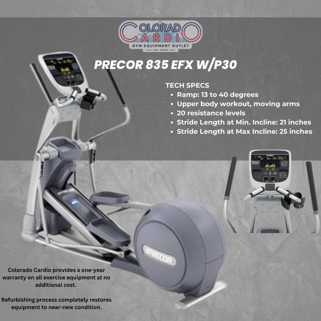 Precor 835 EFX with P30, high-quality gym exercise equipment for cardiovascular training, featuring adjustable incline, resistance levels, and upper body workout arms, ideal for fitness and cardiac rehab.
