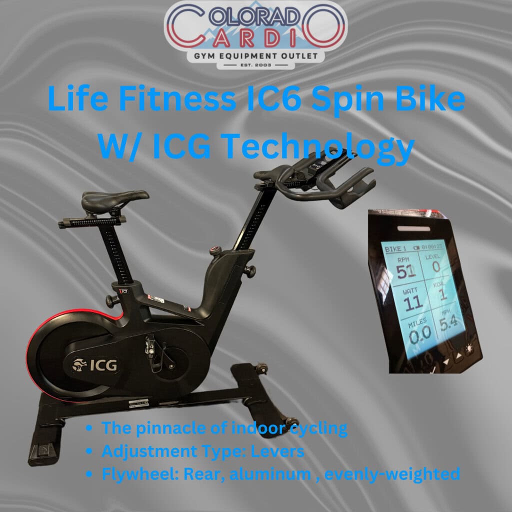 Indoor cycling spin bike with ICG technology, rear aluminum flywheel, and lever adjustment for cardio fitness and cardiovascular health at Colorado Cardio gym equipment outlet.