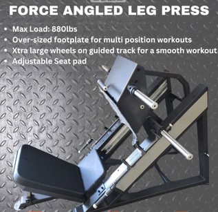 Force angled leg press machine for strength training and leg workouts at Colorado Cardio, equipped with oversized wheels and adjustable seat pad for a smooth, effective workout.