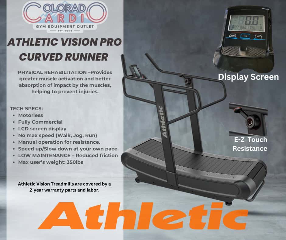 Athletic vision pro curved runner treadmill with display screen and resistance control at Colorado Cardio.