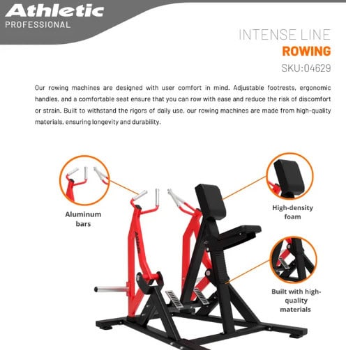 Aluminum bars and high-density foam on gym rowing equipment for optimal workout comfort and durability.