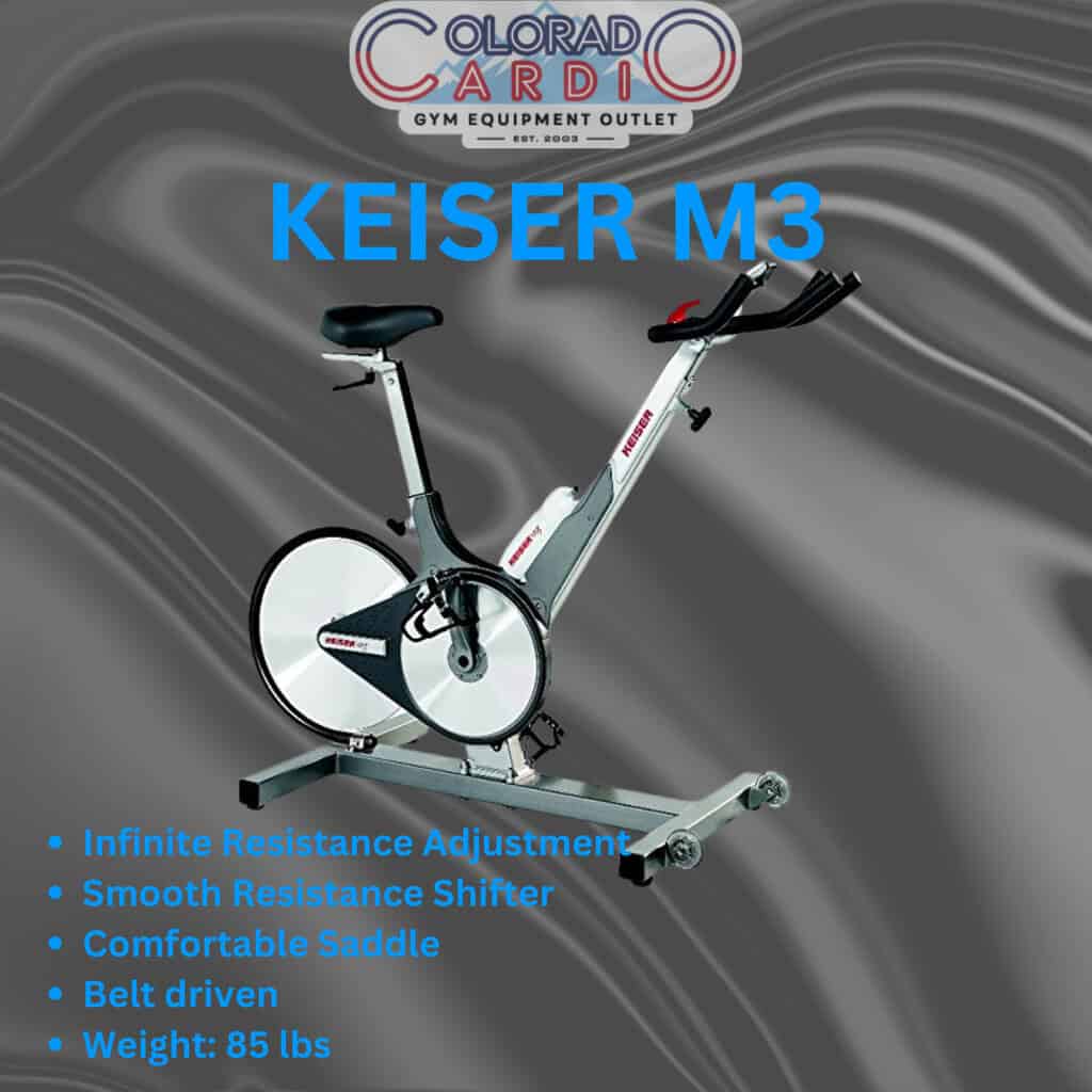 Keiser M3 indoor exercise bike for cardiovascular health, featuring adjustable resistance, cushioned saddle, belt drive, and lightweight design, ideal for home cardio workouts.