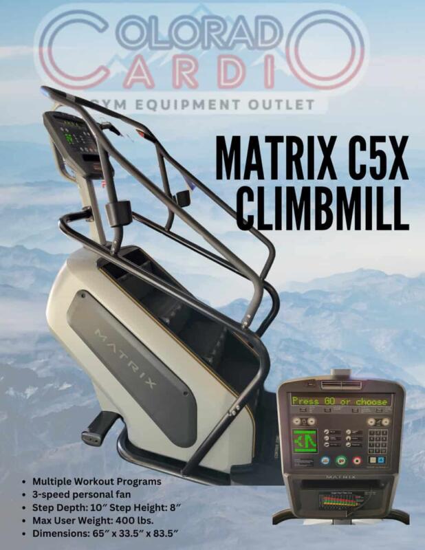 High-quality image of the Matrix C5X ClimbMILL treadmill used at Colorado Cardio for cardiac rehab and fitness training, featuring multiple workout programs, a 3-speed fan, and advanced step settings.