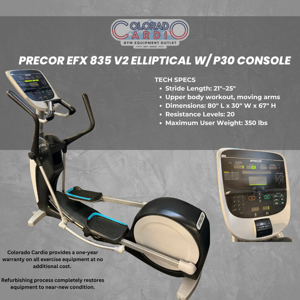 State-of-the-art Precor elliptical machine with P30 console at Colorado Cardio, offering professional-grade cardio equipment for effective fitness, with warranty and refurbishment services.