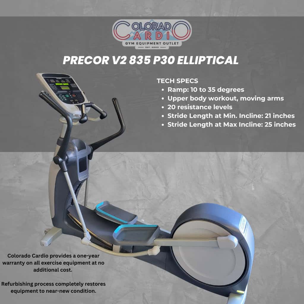 PRECOR V2 835 P30 elliptical, used for cardio workouts with adjustable ramp and resistance levels, ideal for upper body exercise. Perfect for gym equipment in Colorado fitness centers.