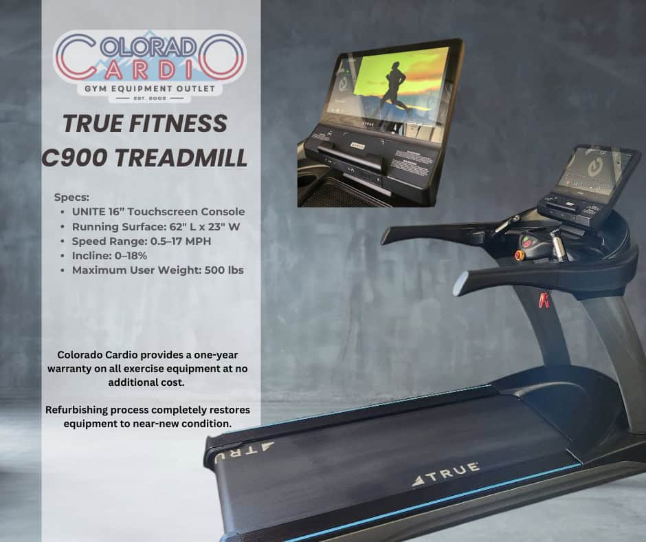 UNITE 16-inch touchscreen treadmill with running surface, adjustable incline, and speed range, ideal for cardio and fitness training at Colorado Cardio gym equipment outlet.