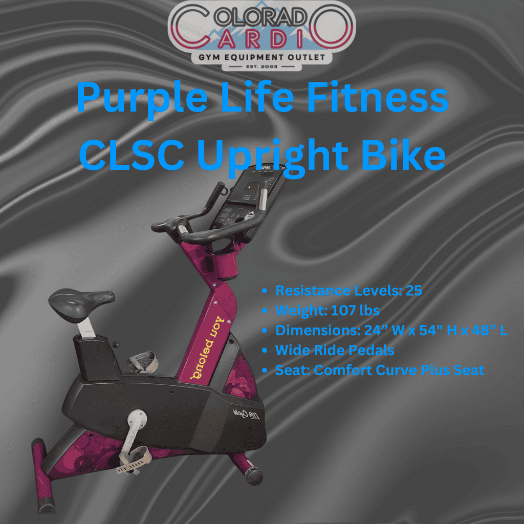 1. Purple Life Fitness CLSC Upright Bike for cardiovascular health, with adjustable resistance, wide ride pedals, and comfortable seat, ideal for users seeking effective cardio workouts.